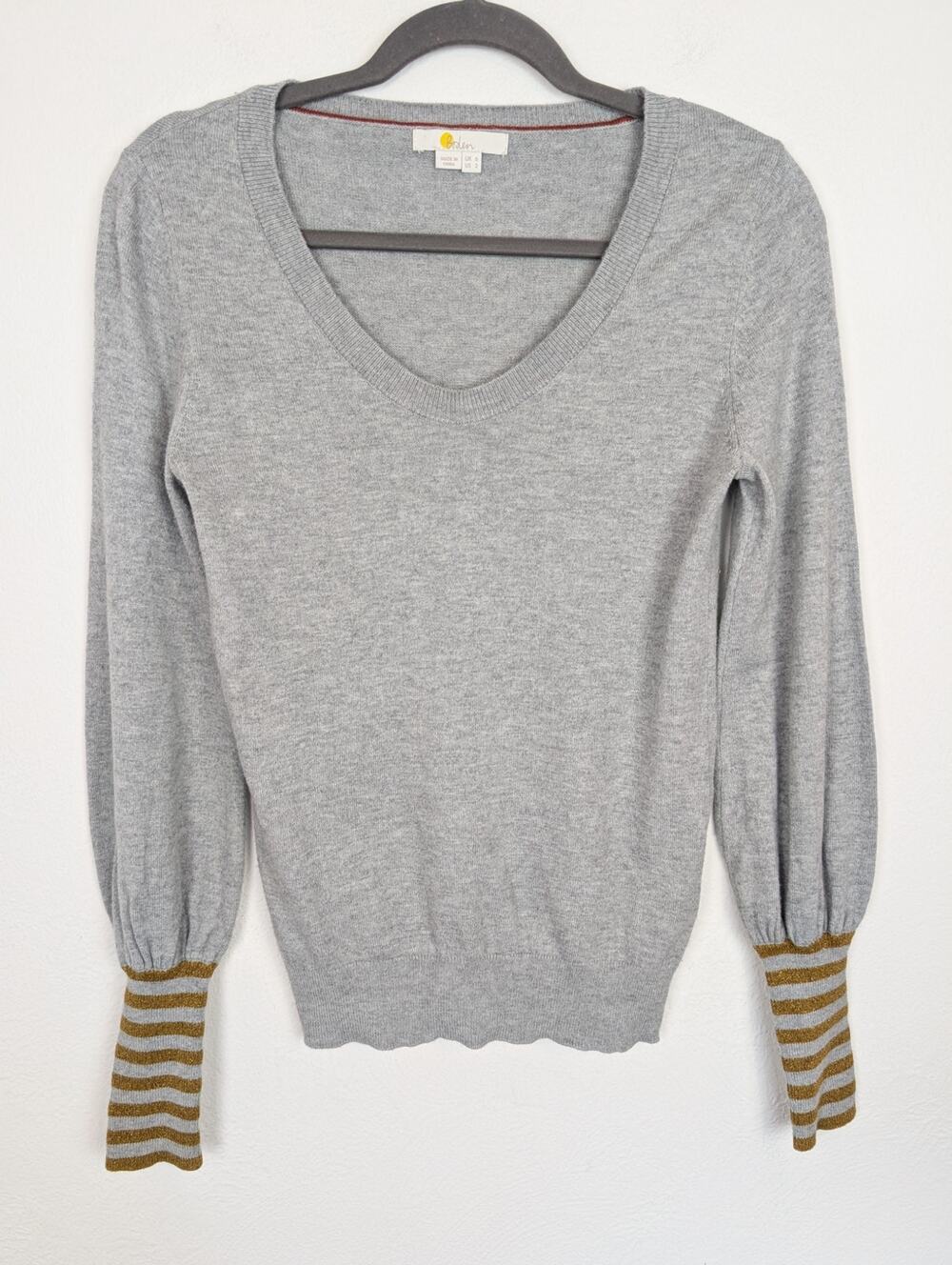 Boden Sweater Knit Pullover Striped Cuff Wool Blend Gray Gold Preppy Gray Size 2